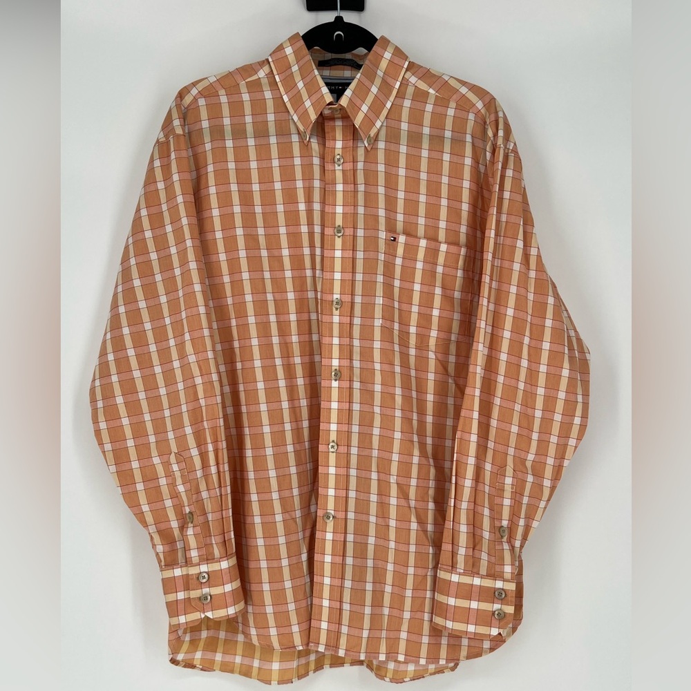 TOMMY HILFIGER‎ BUTTON DOWN 
ORANGE & WHITE SMART PREPPY CASUAL DRESS UP OR DOWN